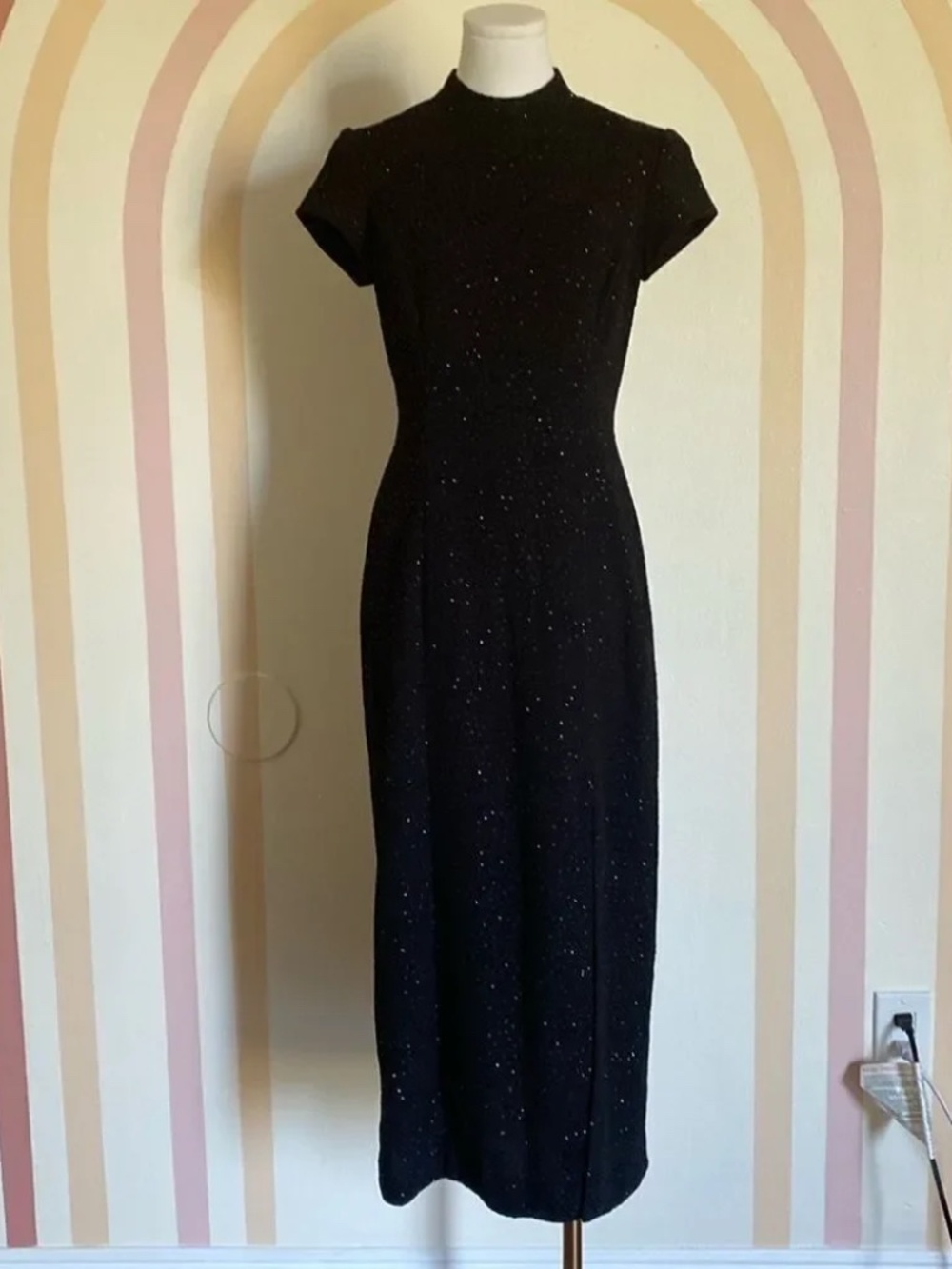 Vintage 90s David Warren Black Sparkle Mock Neck Maxi Dress Sz 6